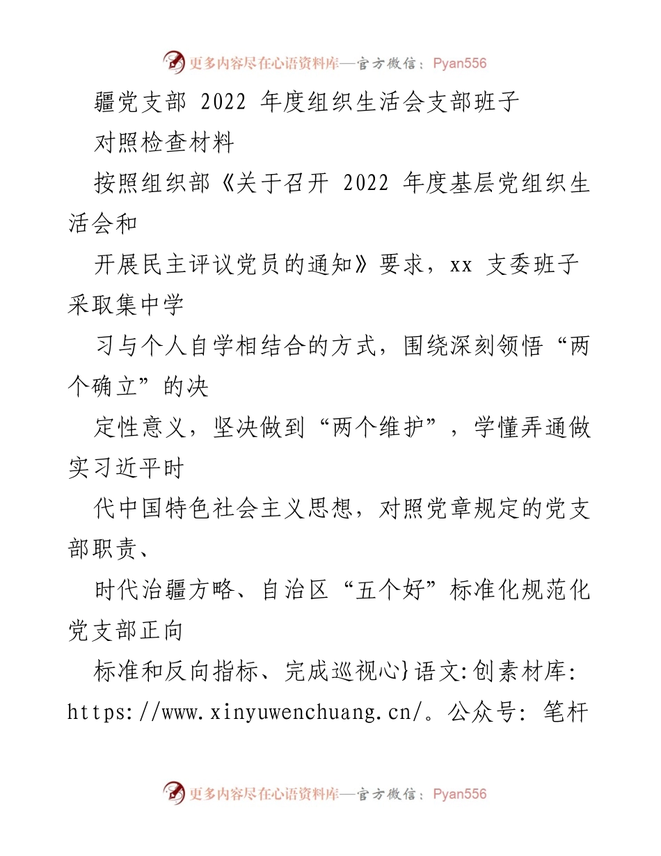 [对照检查材料] 组织生活会 - 2022年度党支部班子对照检查报告.docx_第1页