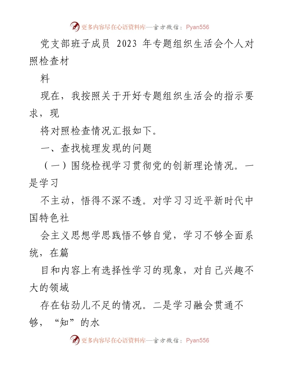 [对照检查材料] 党支部专题组织生活会 - 2023年党支部班子成员对照检查报告.docx_第1页