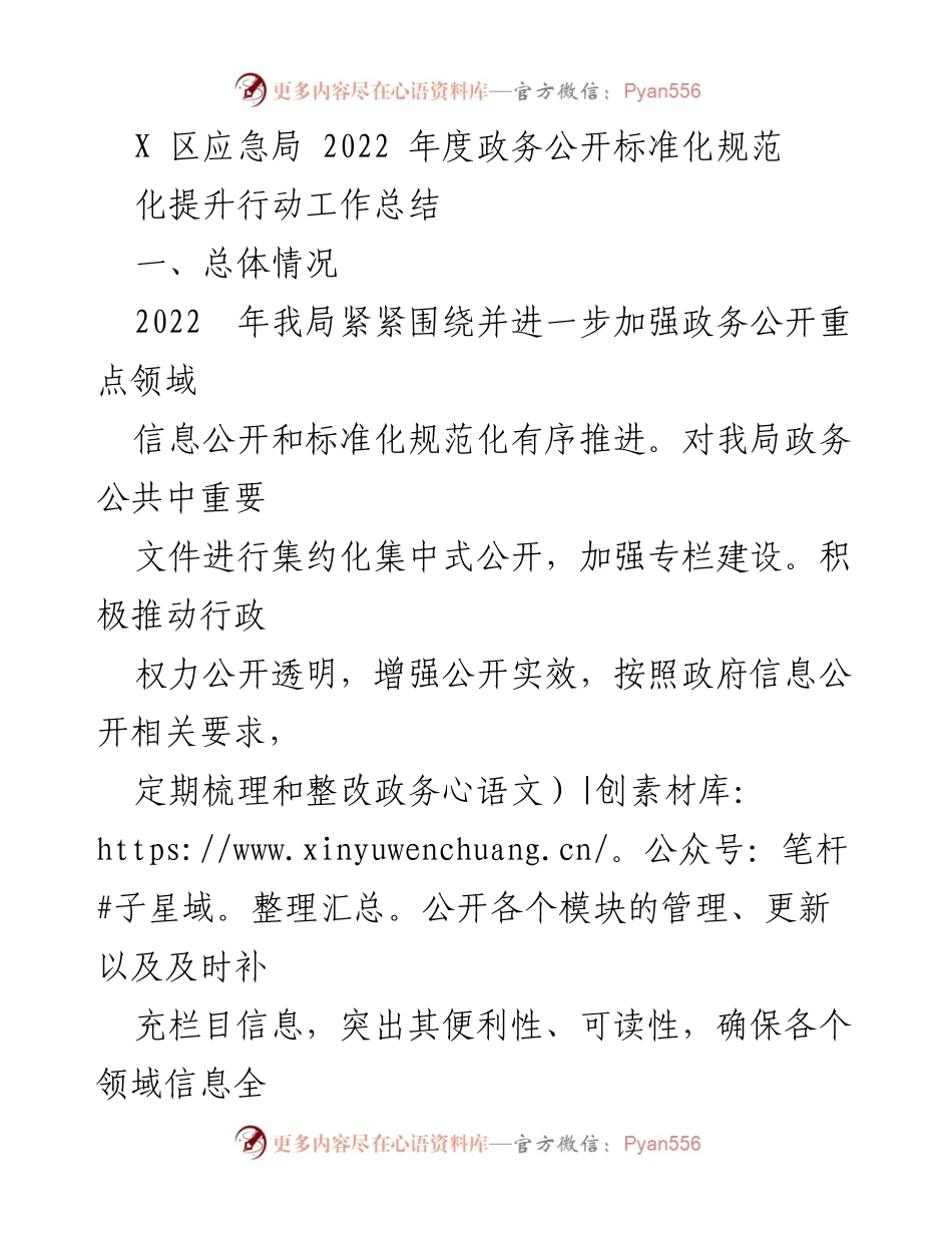 [工作总结] 2022年度 - X区应急局政务公开标准化规范化提升行动总结.docx_第1页