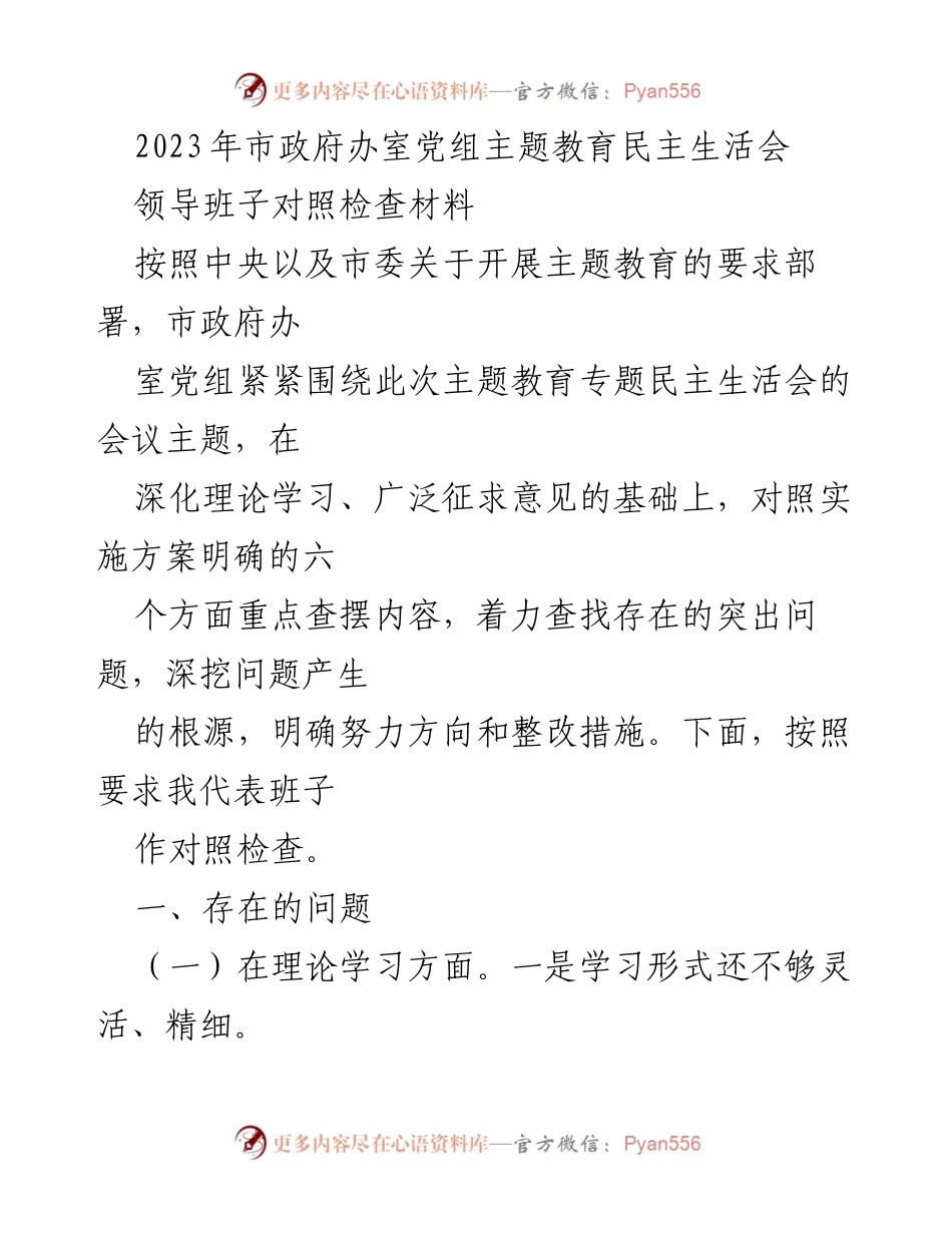 [对照检查材料] 主题教育民主生活会 - 市政府办室党组主题教育对照检查报告.docx_第1页