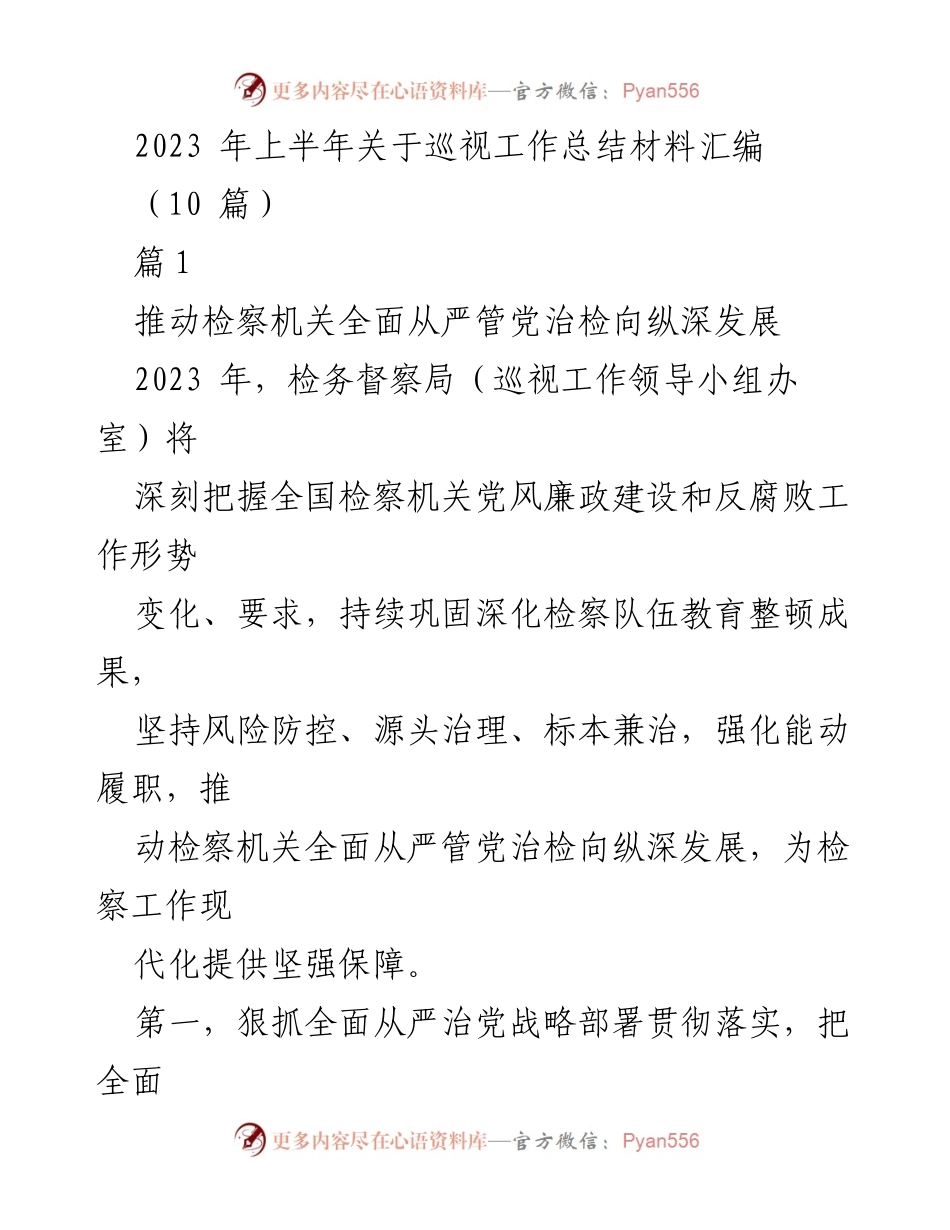 [工作总结] 2023年上半年 - 检察机关巡视工作全面从严治党实施情况总结.docx_第1页