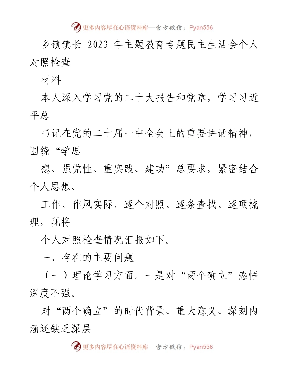 [对照检查] 乡镇主题教育 - 个人对照检查材料总结.docx_第1页