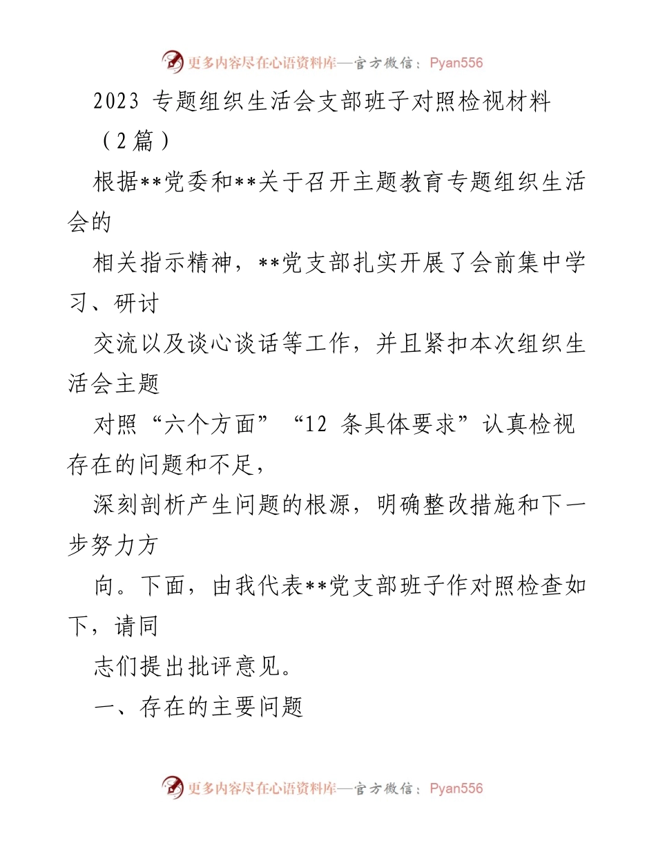 [对照检视材料] 党支部专题组织生活会 - 2023年党支部对照检视及整改措施报告.docx_第1页