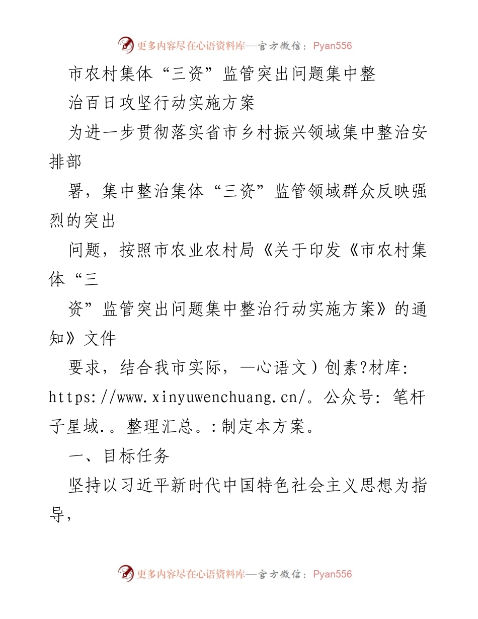 [实施方案] 集中整治行动 - 市农村集体“三资”监管突出问题百日攻坚行动实施方案.docx_第1页