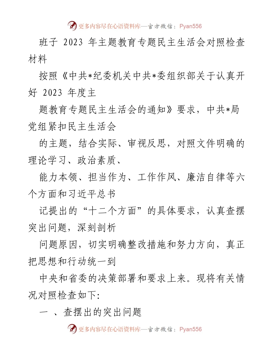 [对照检查材料] 主题教育专题民主生活会 - 班子问题查摆与整改措施分析.docx_第1页
