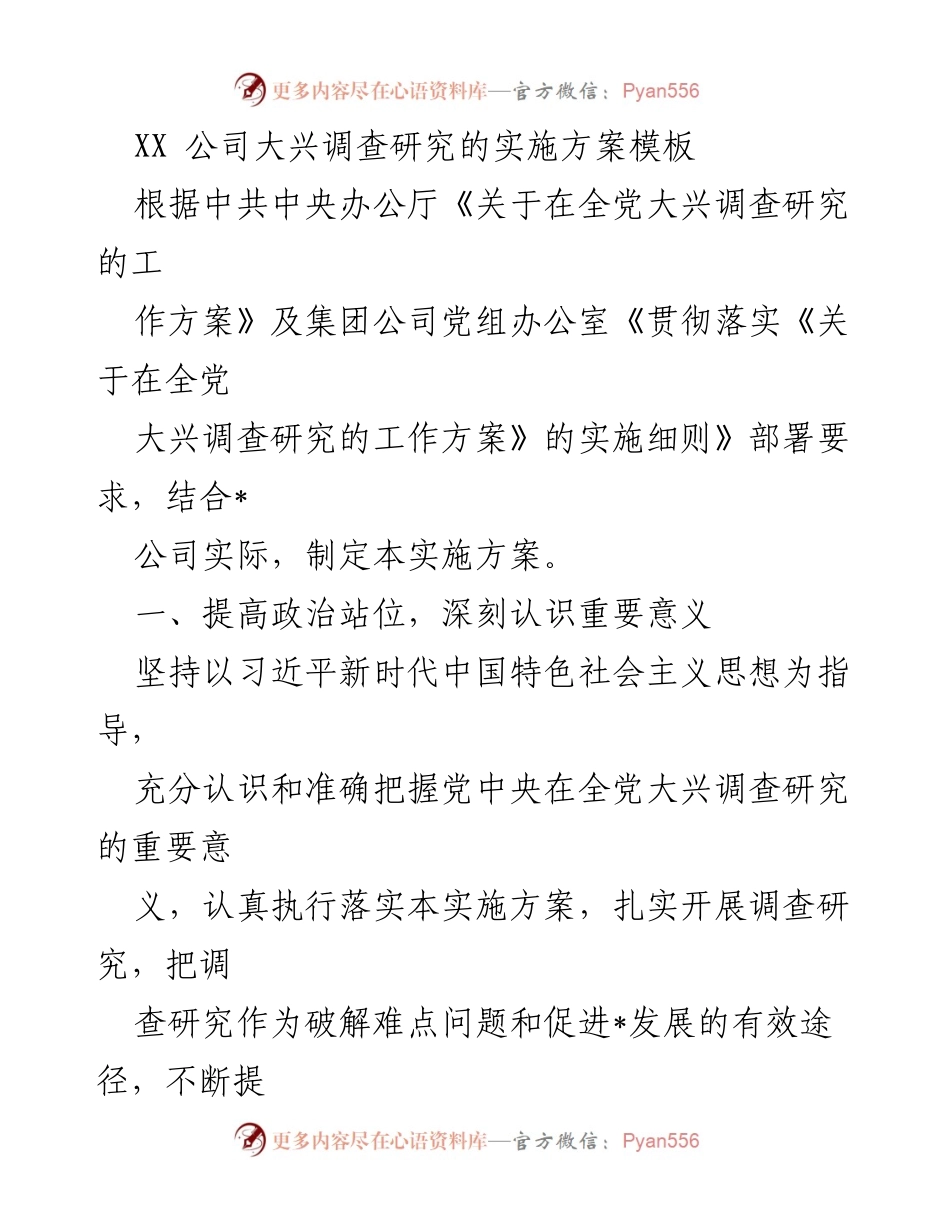 [实施方案] 公司内部 - XX公司大兴调查研究实施方案概述.docx_第1页