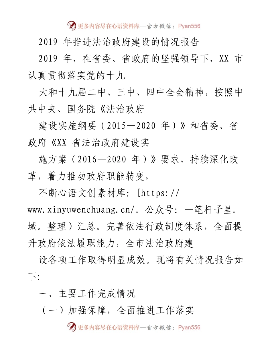 [工作总结] 2019年法治政府建设 - 2019年XX市法治政府建设推进情况报告.docx_第1页