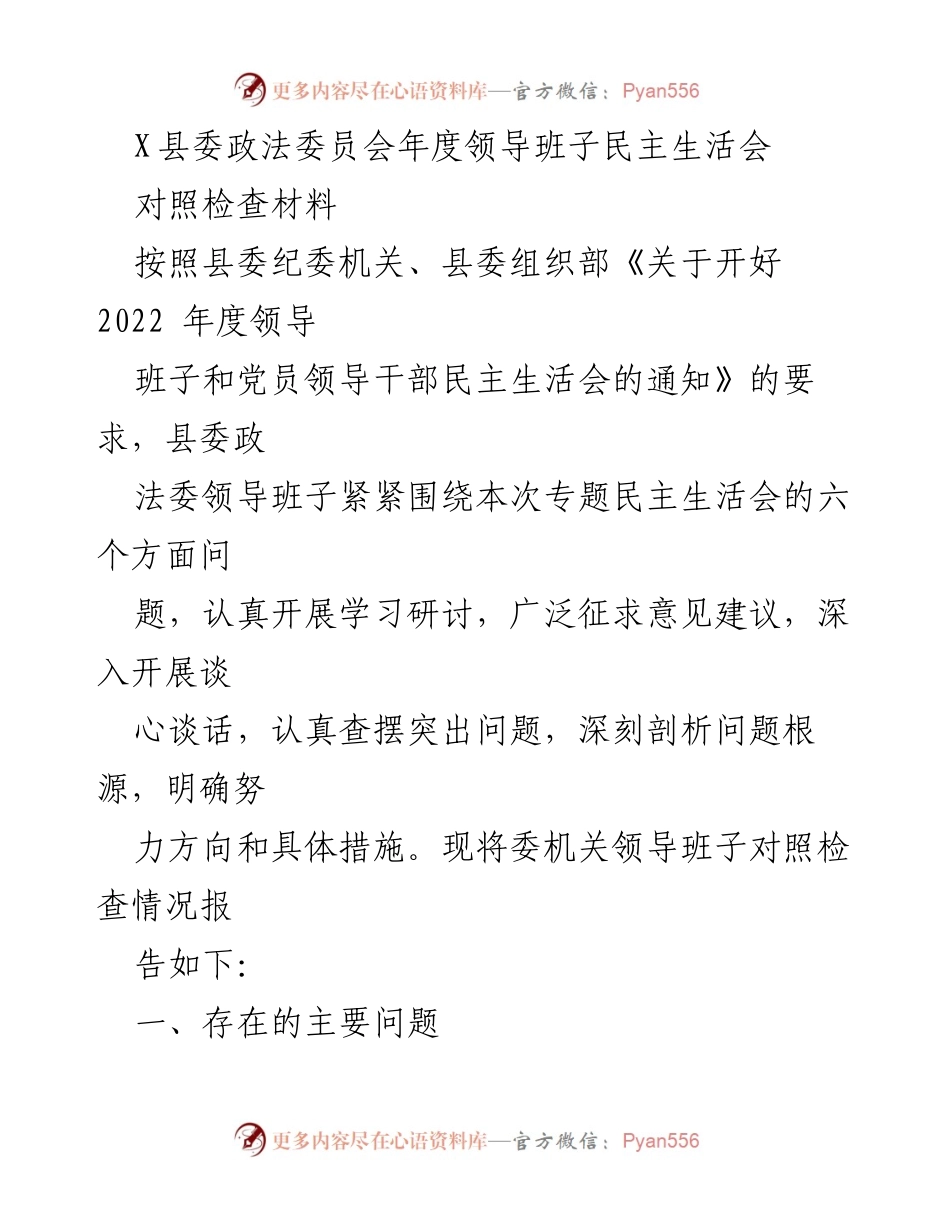 [对照检查材料] 会议 - X县委政法委员会年度领导班子民主生活会对照检查报告.docx_第1页