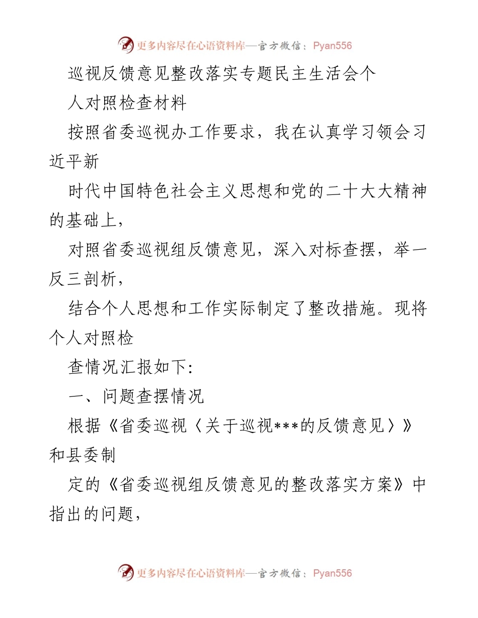 [对照检查材料] 专题民主生活会 - 巡视反馈意见整改落实个人对照检查报告.docx_第1页