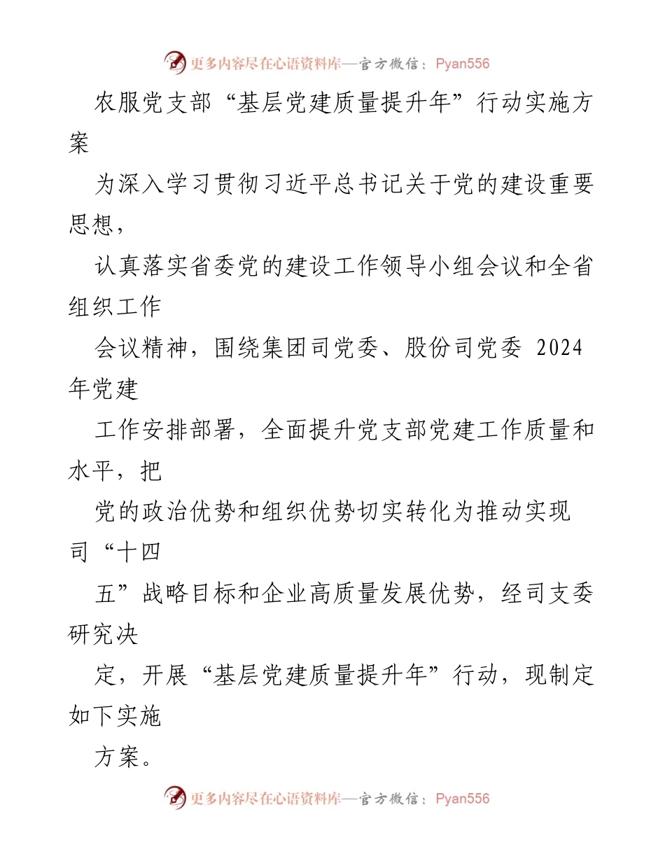 [实施方案] 农服党支部 - 基层党建质量提升年行动方案.docx_第1页