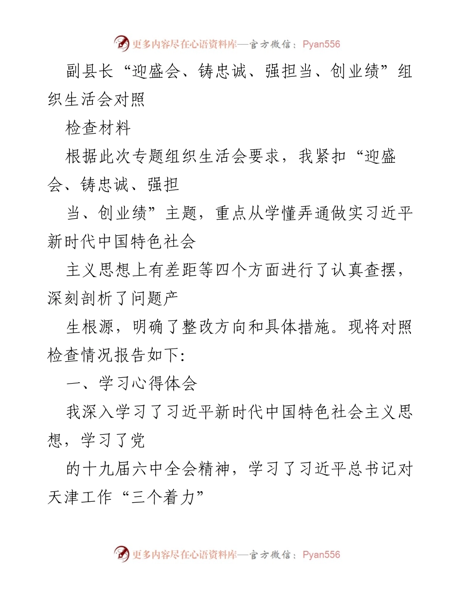 [对照检查材料] 组织生活会 - 副县长对照检查材料：迎盛会、铸忠诚、强担当、创业绩分析与整改措施.docx_第1页