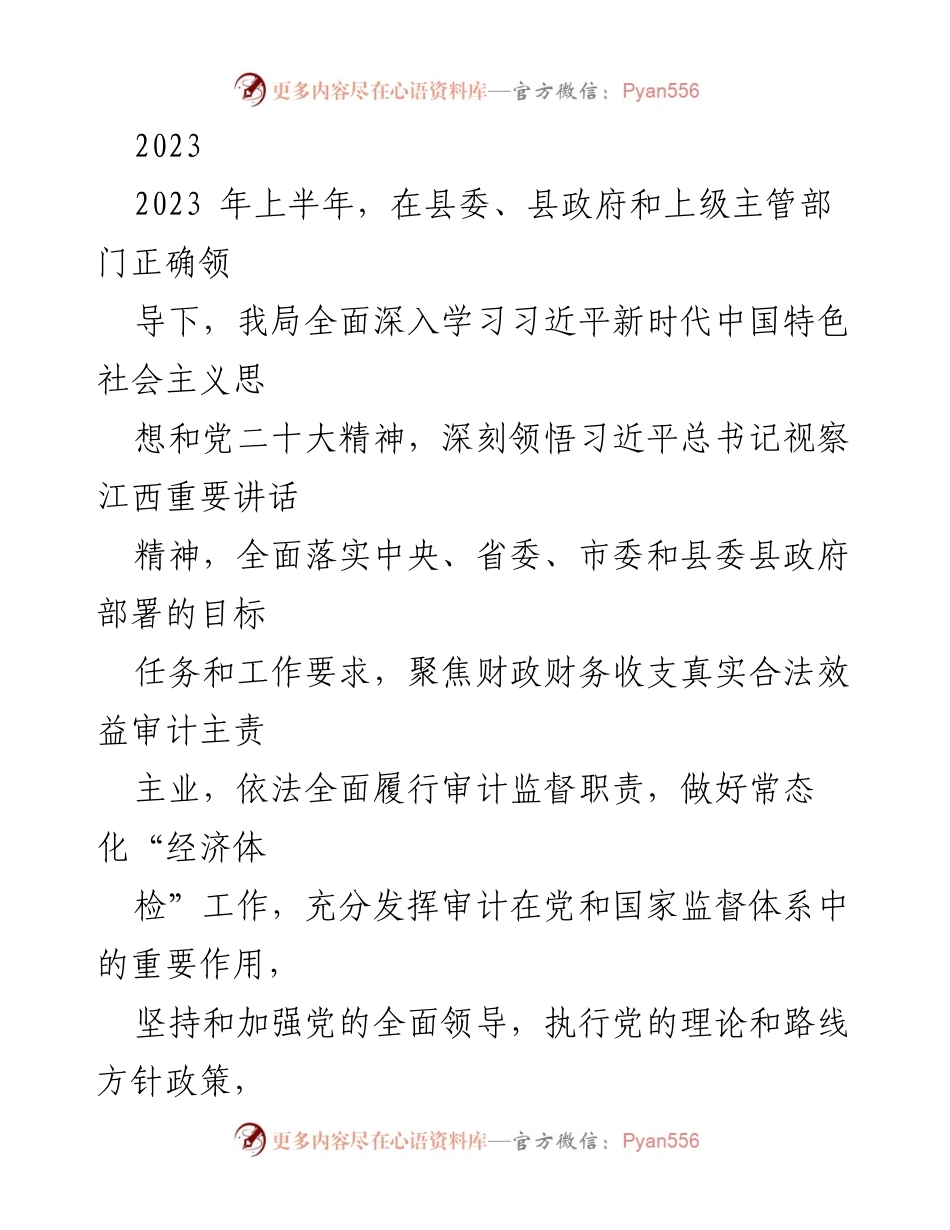 [工作总结] 2023年上半年 - 2023年上半年县审计局工作总结报告.docx_第1页