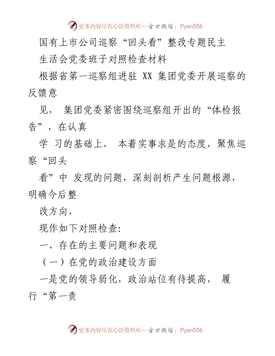 [对照检查材料] 国有上市公司巡察整改 - 国有上市公司巡察整改对照检查材料分析.docx_第1页