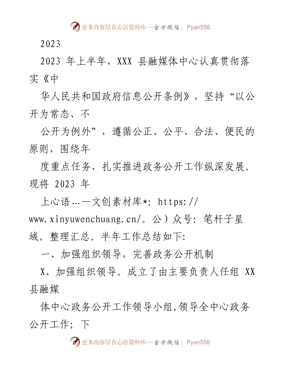 [工作总结] 2023年上半年 - XXX县融媒体中心政务公开工作总结与展望.docx_第1页