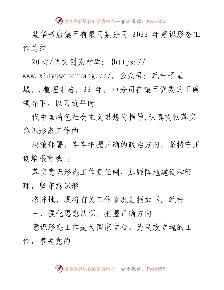 [工作总结] 2022年意识形态工作 - 某华书店集团某分司2022年意识形态工作总结报告.docx_第1页