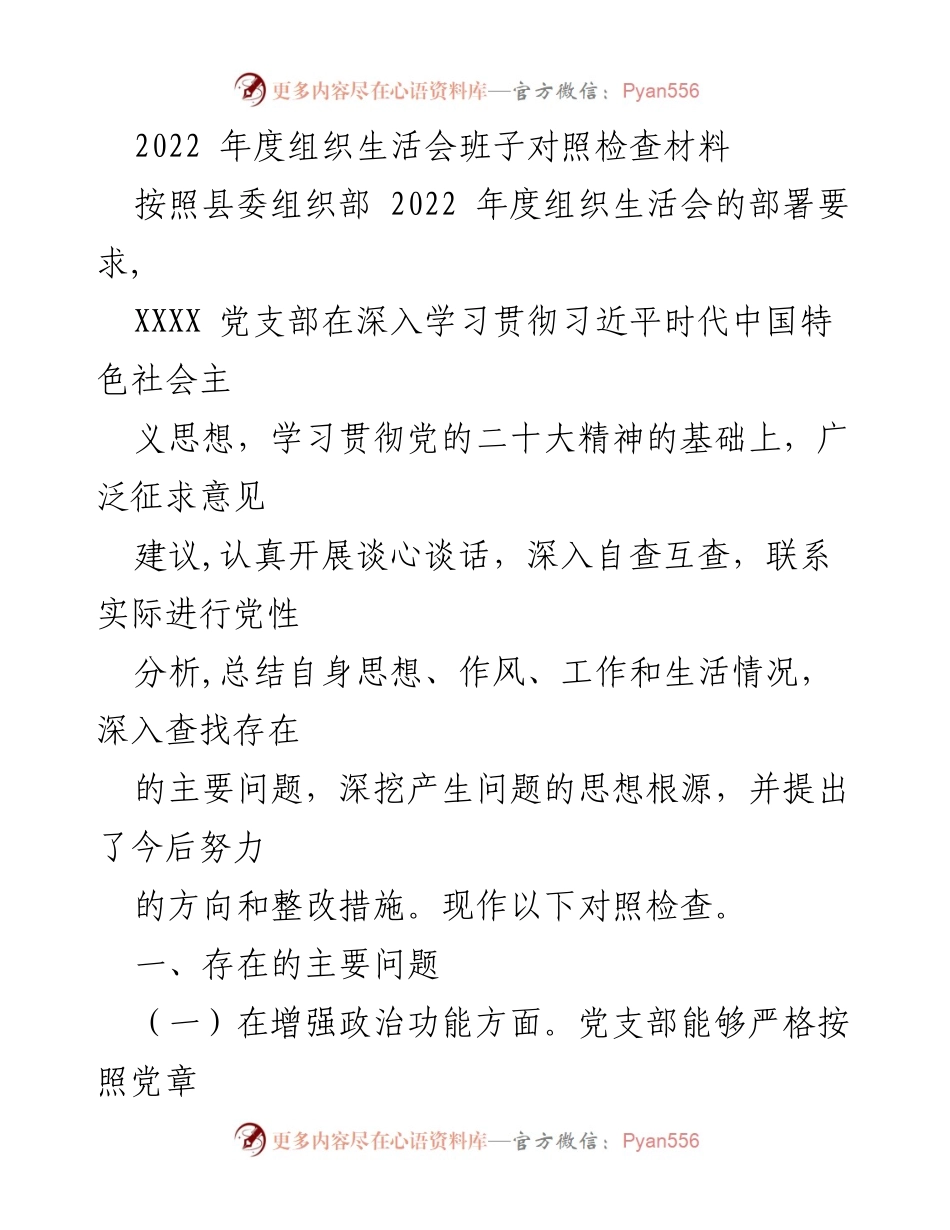 [对照检查材料] 组织生活会 - 2022年度党支部对照检查及整改措施总结.docx_第1页