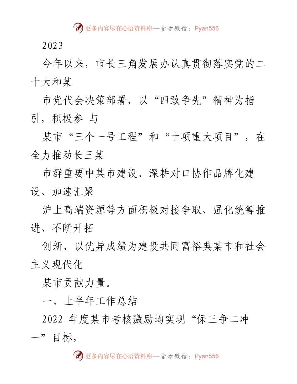 [工作总结] 2023年上半年 - 市长三角发展办上半年工作总结与成就报告.docx_第1页