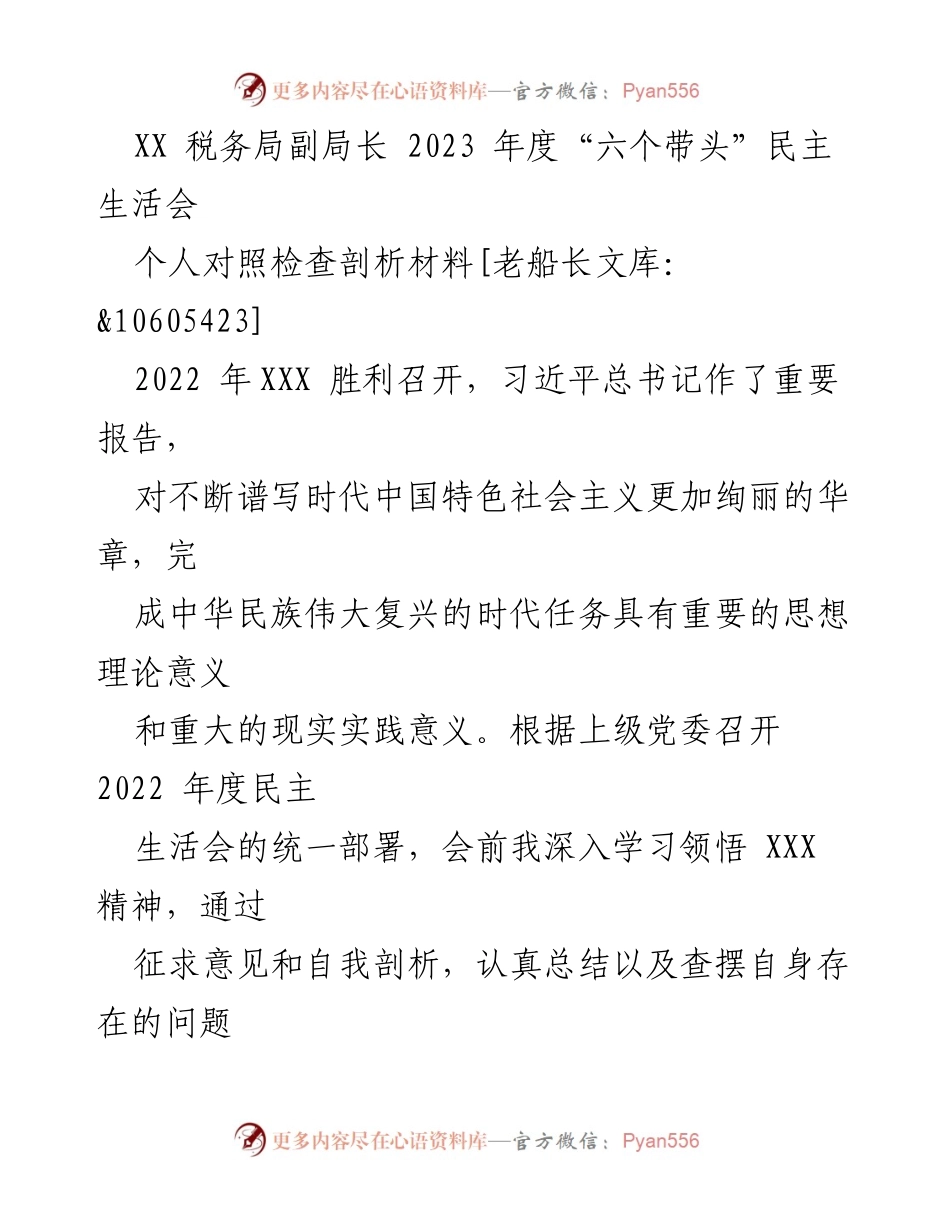 [对照检查材料] 2023年度民主生活会 - XX税务局副局长个人对照检查剖析报告.docx_第1页