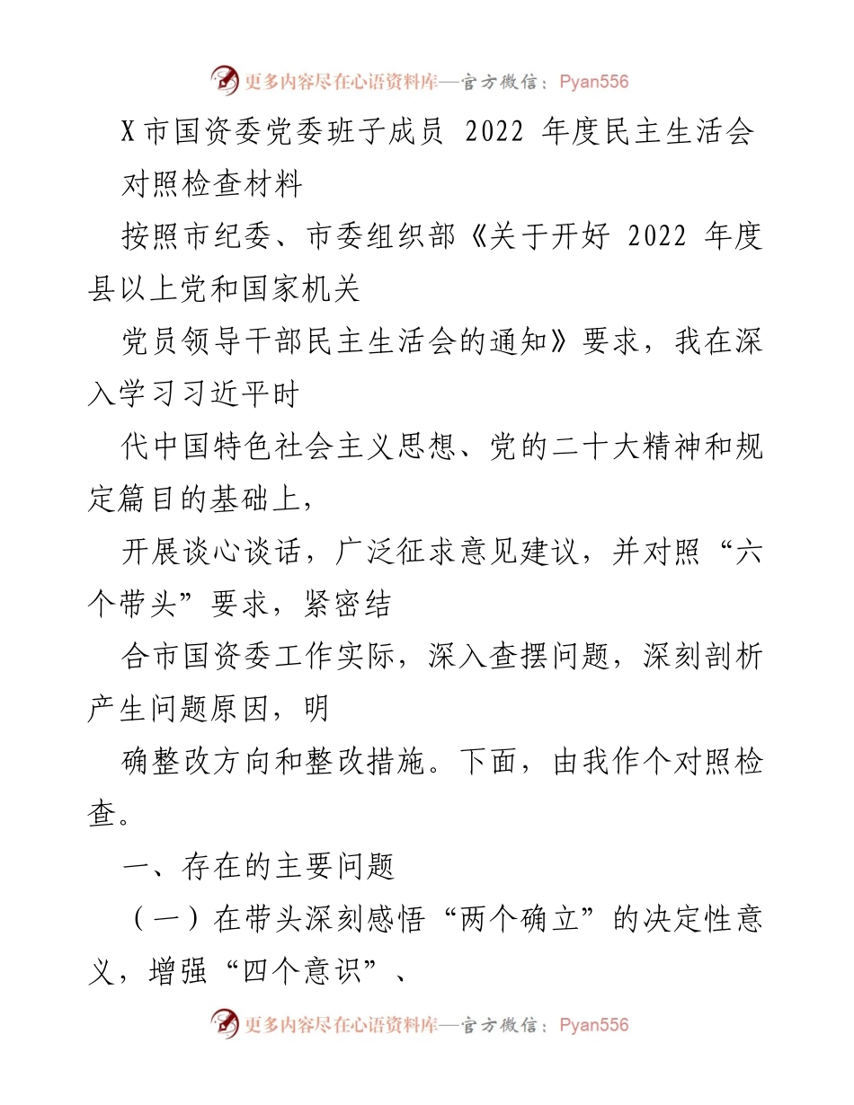 [对照检查材料] 2022年度民主生活会 - X市国资委党委班子成员对照检查材料分析.docx_第1页
