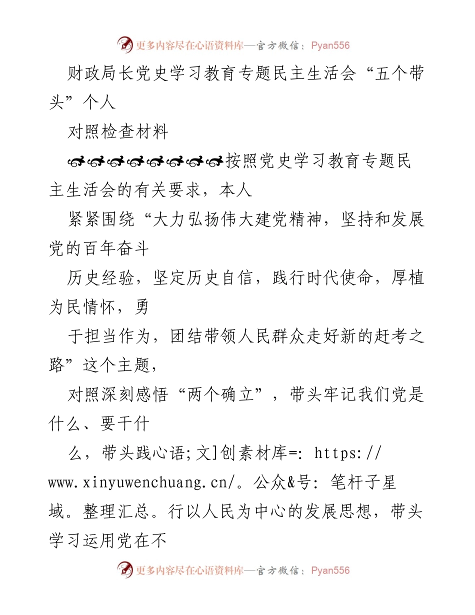 [对照检查材料] 财政局长党史学习教育专题民主生活会 - 深刻反思与自我检视：践行党的历史使命与发展思想.docx_第1页