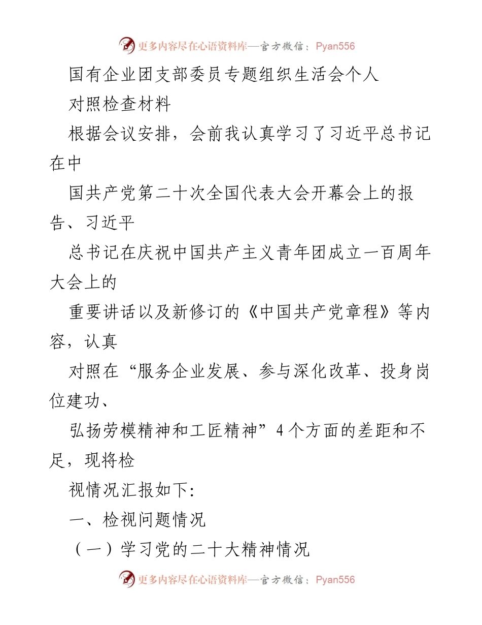 [对照检查材料] 国有企业团支部委员专题组织生活会 - 深入学习党的二十大精神，检视自身差距与不足.docx_第1页