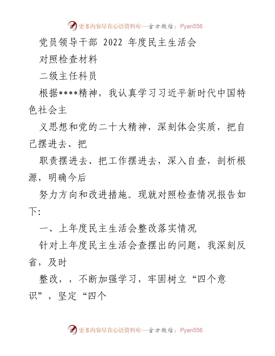 [对照检查材料] 党员领导干部2022年度民主生活会 - 深入自查与整改落实情况报告.docx_第1页