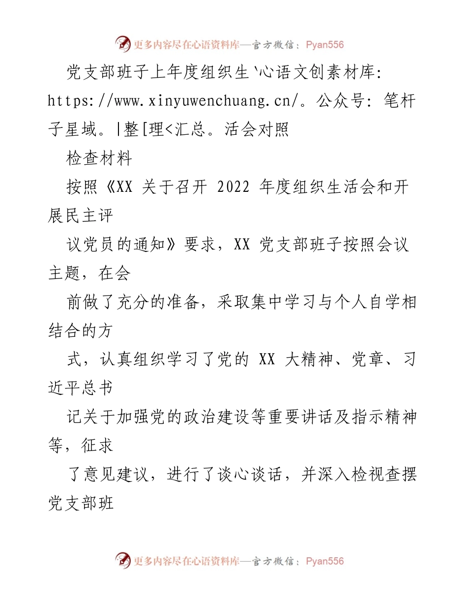 [对照检查材料] 党支部组织生活会 - 党支部班子年度对照检查报告.docx_第1页