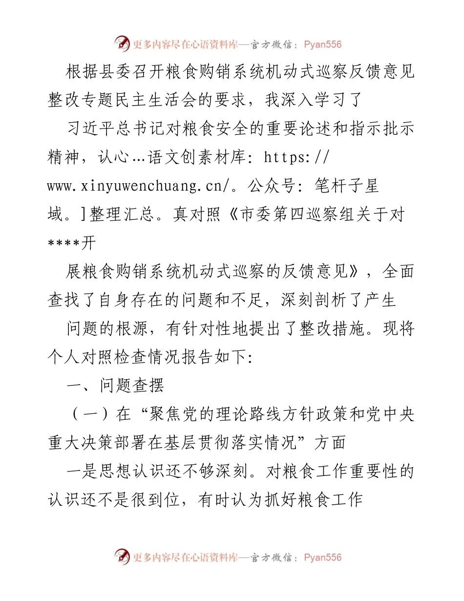 [对粮食工作整改的个人对照检查报告] 专题民主生活会 - 深刻剖析与整改措施.docx_第1页