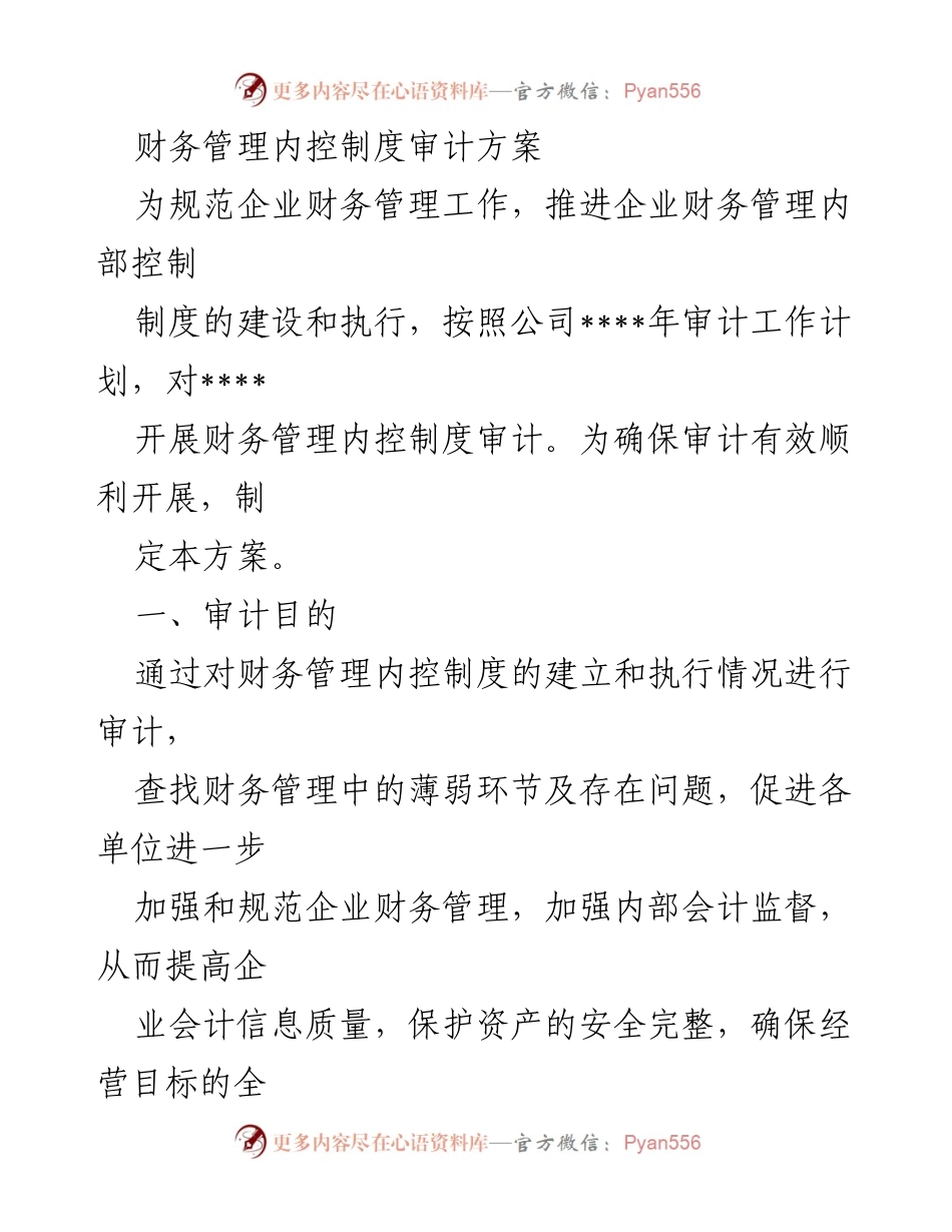 [审计方案] 财务管理 - 财务管理内控制度审计方案.docx_第1页