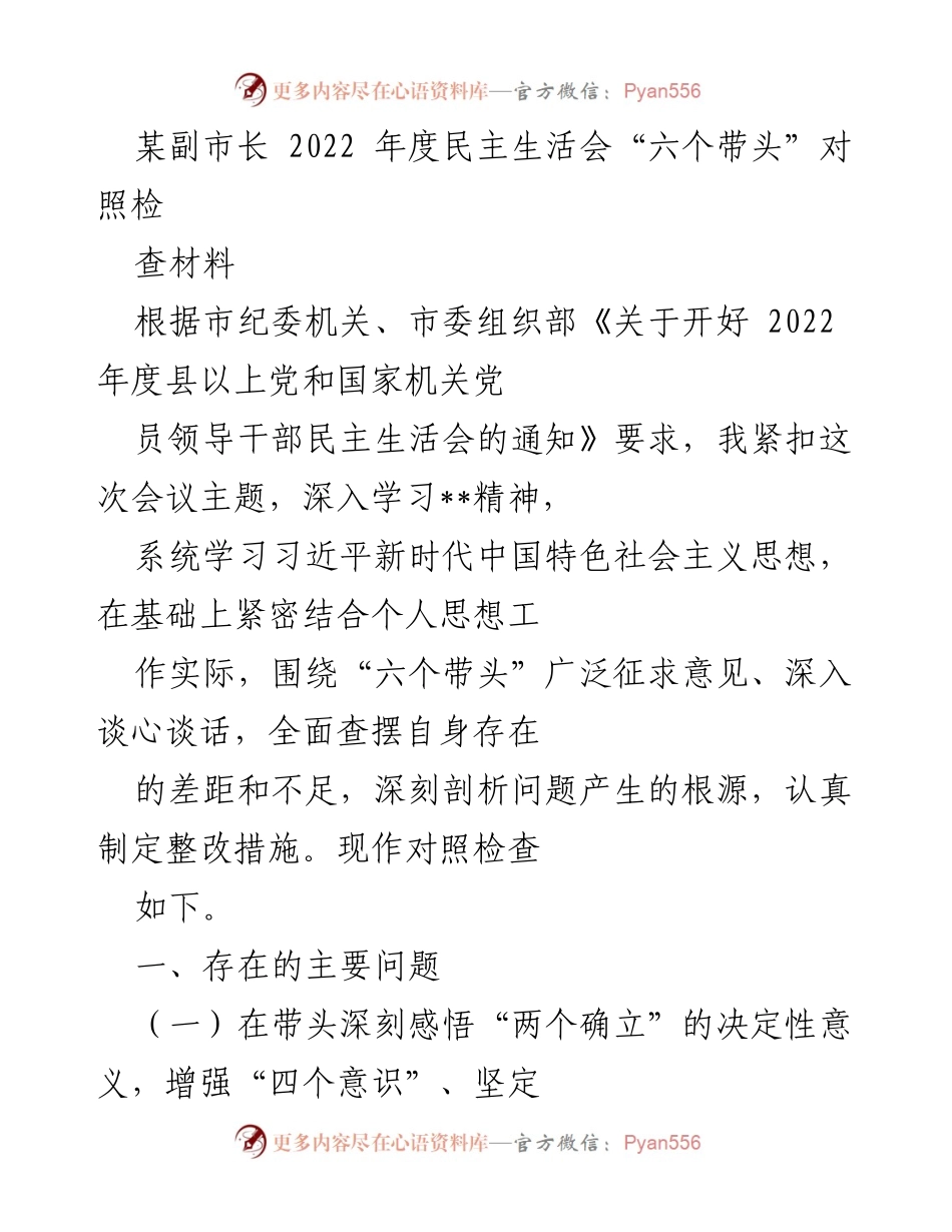 [对照检查材料] 2022年度民主生活会 - 副市长对照检查材料：深刻剖析与整改措施.docx_第1页
