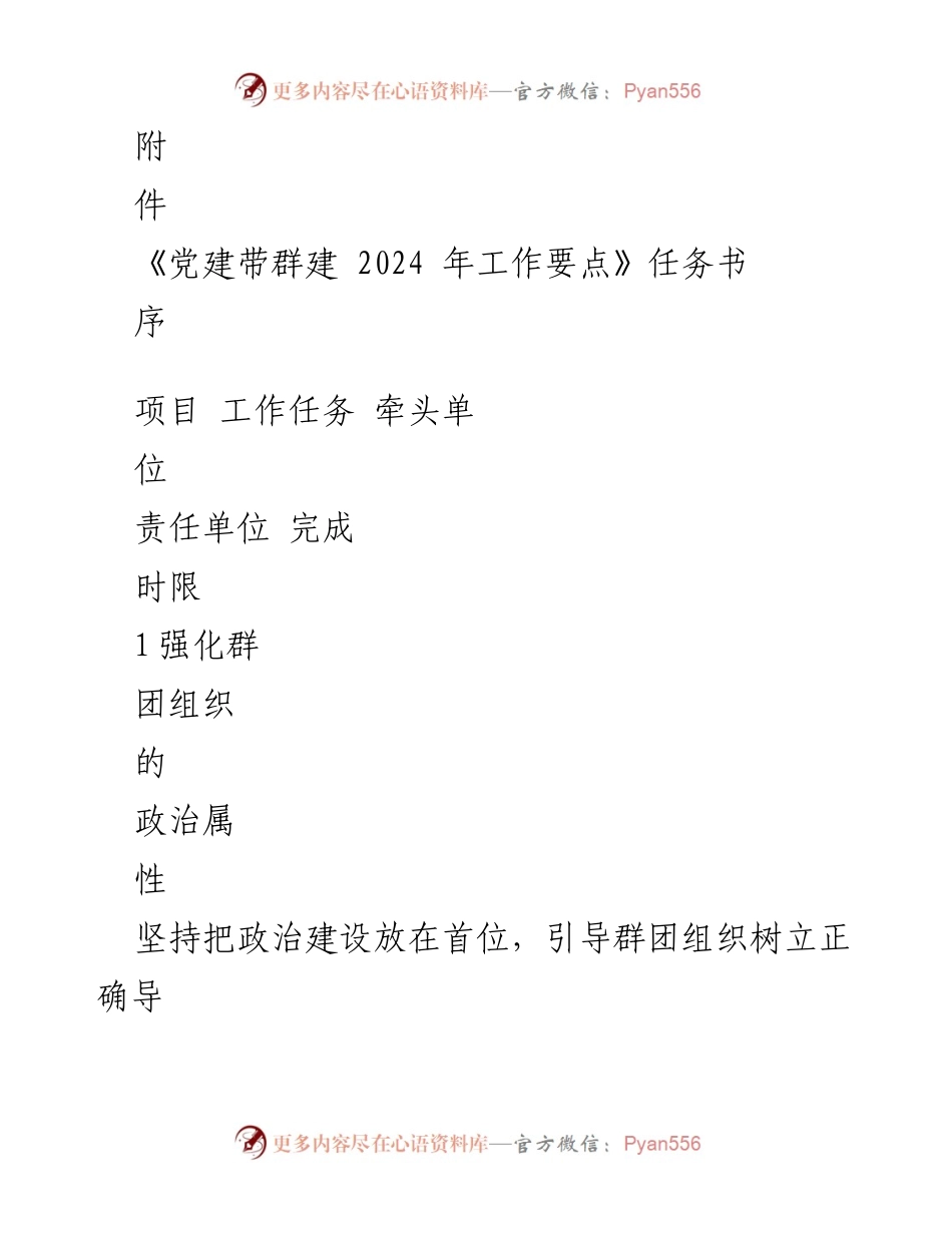 [工作任务] 党建工作 - 《党建带群建 2024 年工作要点》任务书.docx_第1页