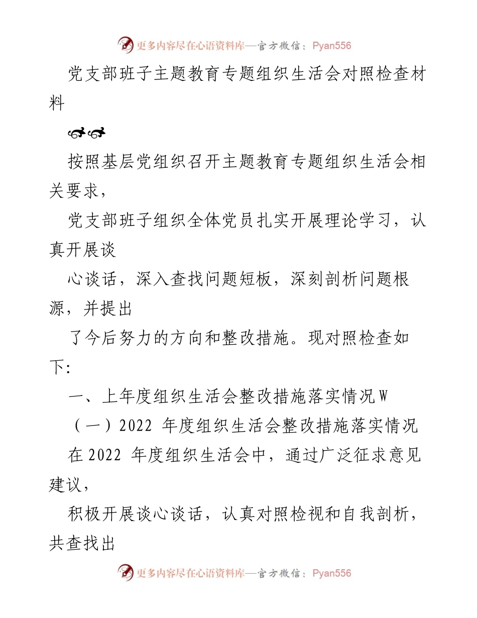 [对照检查材料] 党支部班子专题组织生活会 - 党支部班子主题教育整改措施及问题分析报告.docx_第1页
