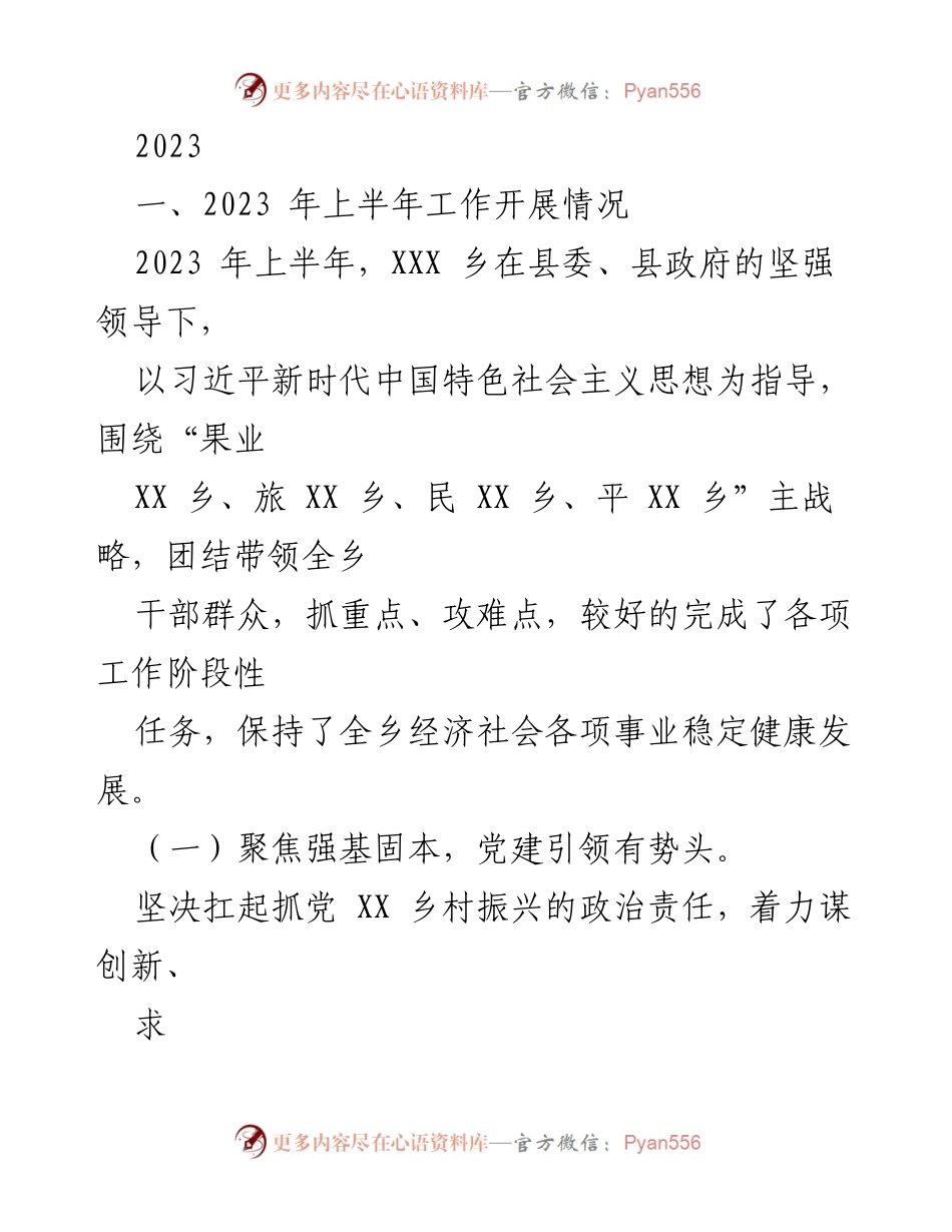 [工作总结] 2023年上半年 - XXX乡2023年上半年工作开展情况总结.docx_第1页