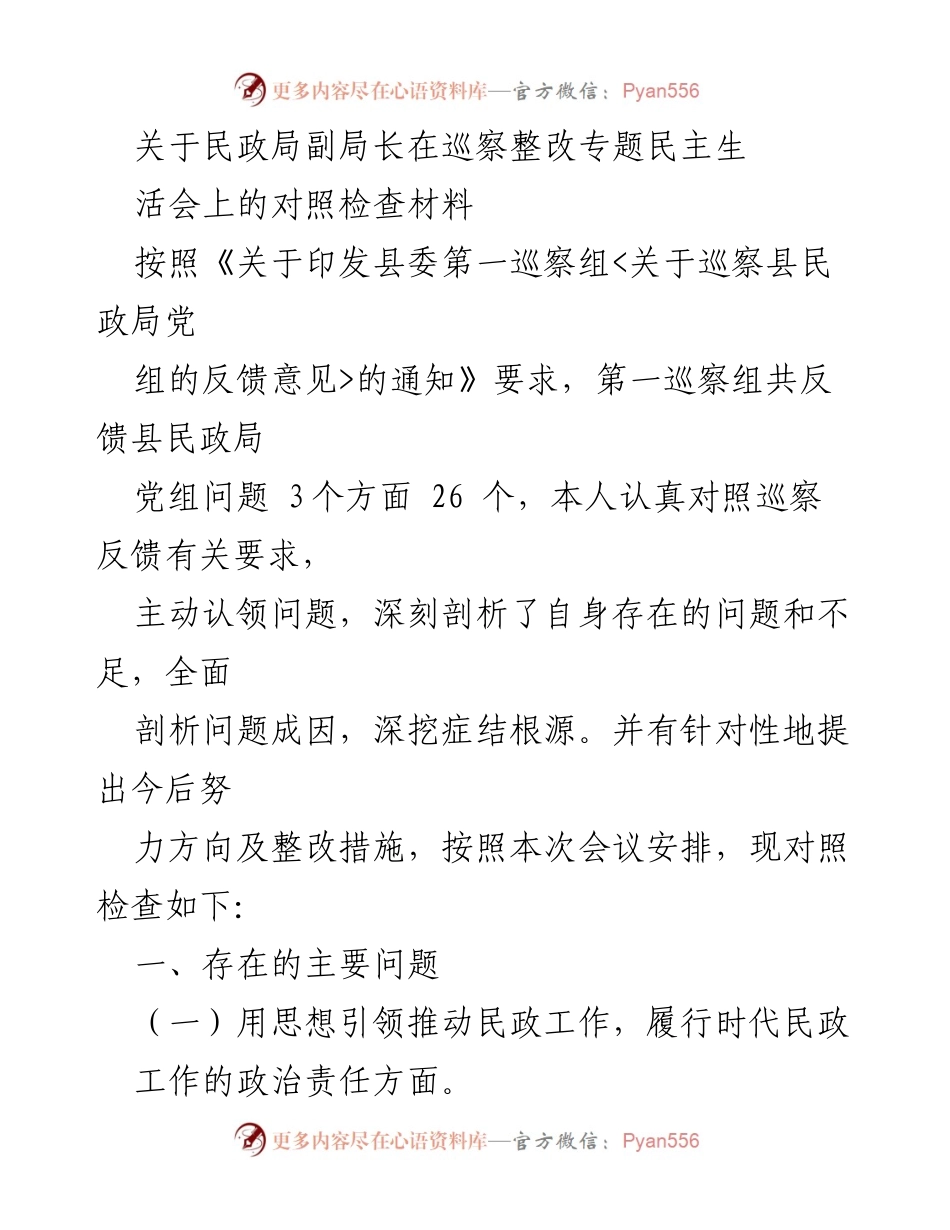 [对照检查材料] 巡察整改专题民主生活会 - 民政局副局长巡察整改自查与反思报告.docx_第1页