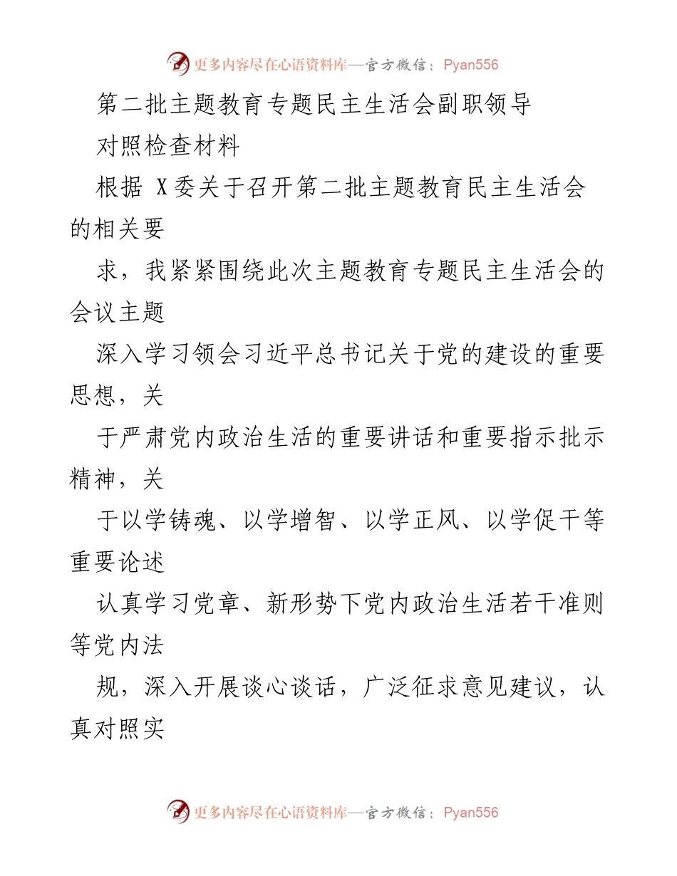 [对照检查材料] 第二批主题教育专题民主生活会 - 副职领导对照检查与问题剖析.docx_第1页