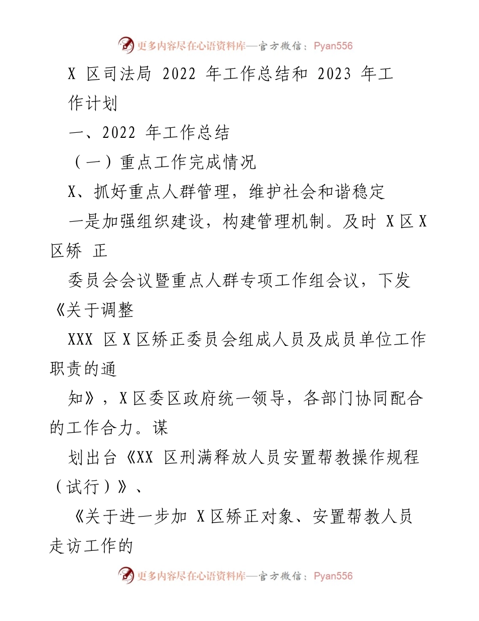 [工作总结] 2022年工作总结与2023年工作计划 - X区司法局工作总结与计划报告.docx_第1页