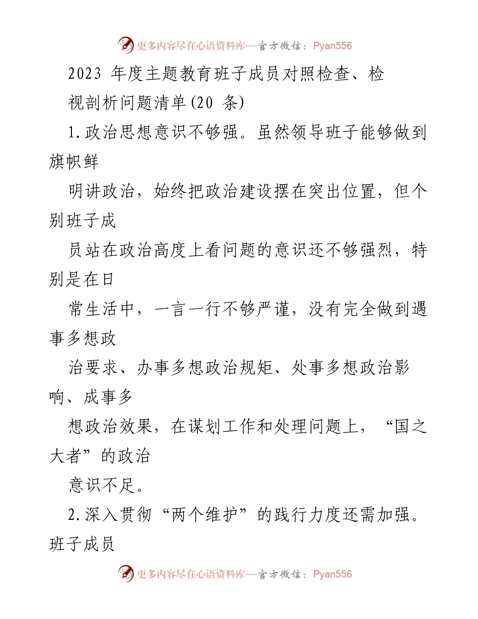 [对照检查报告] 主题教育 - 2023年度班子成员对照检查与问题剖析清单.docx_第1页
