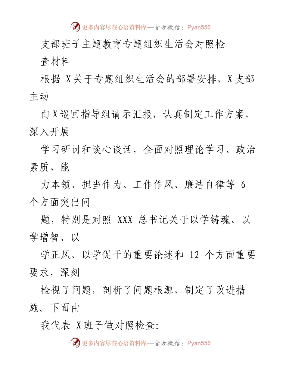 [对照检查] 主题教育专题组织生活会 - 深入检视：X支部班子主题教育对照检查材料.docx_第1页