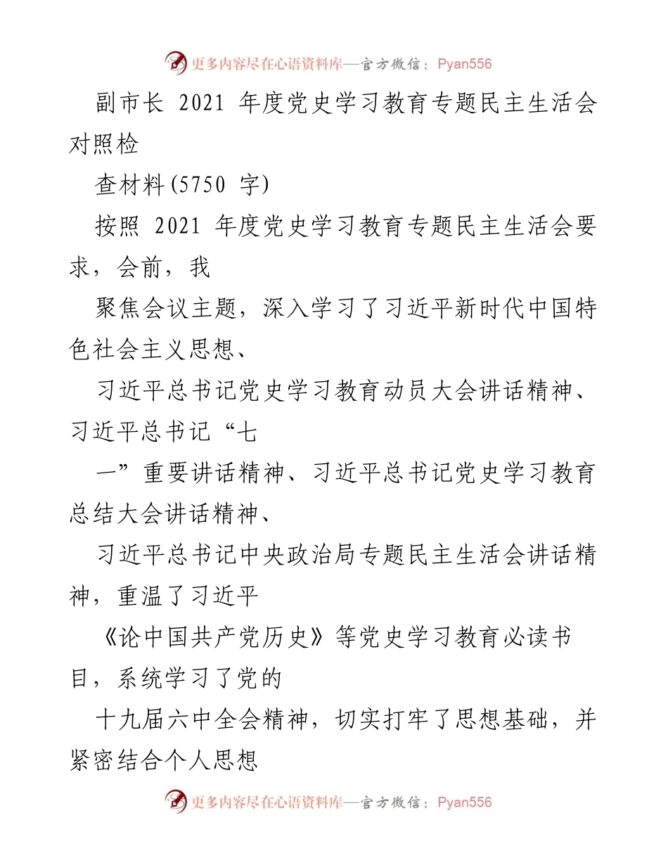 [对照检查材料] 2021年度党史学习教育专题民主生活会 - 副市长的自我反思与整改措施.docx_第1页