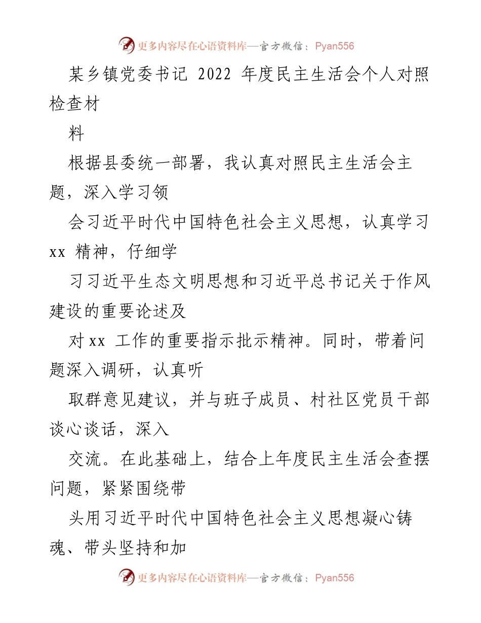 [对照检查材料] 乡镇党委年度民主生活会 - 2022年度个人对照检查报告.docx_第1页