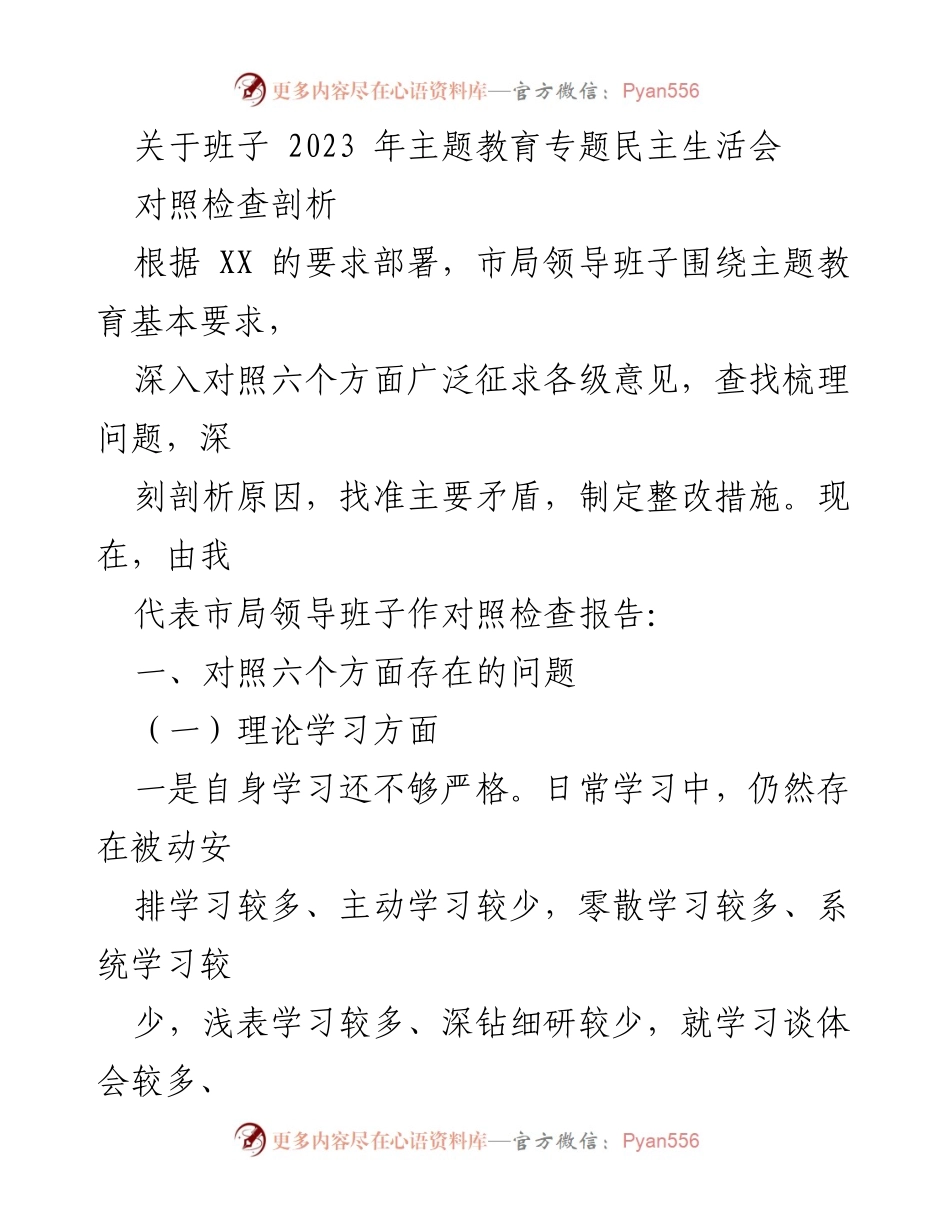[对照检查报告] 主题教育专题民主生活会 - 班子对照检查剖析及整改措施.docx_第1页
