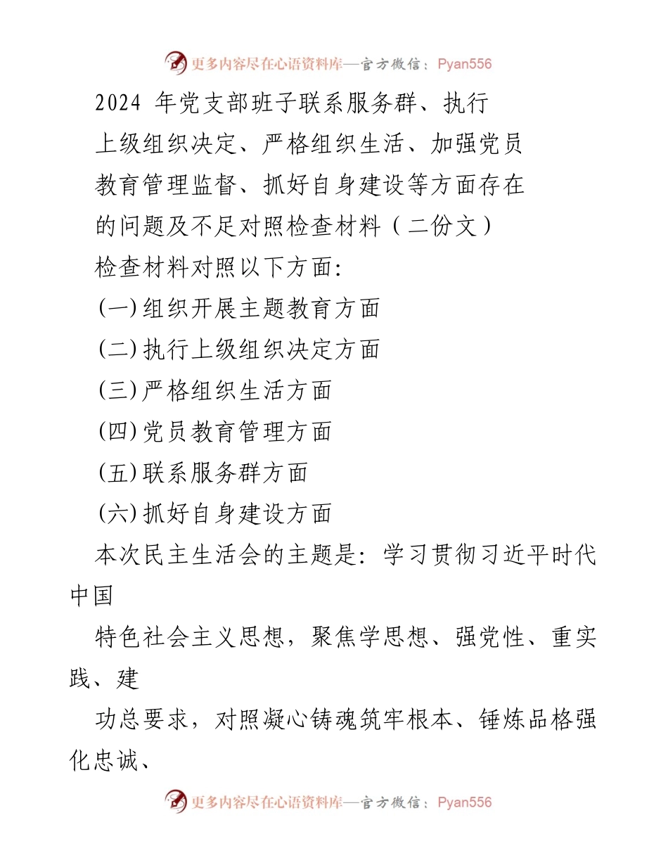 [对照检查材料] 党支部民主生活会 - 2024年党支部班子问题对照检查报告.docx_第1页