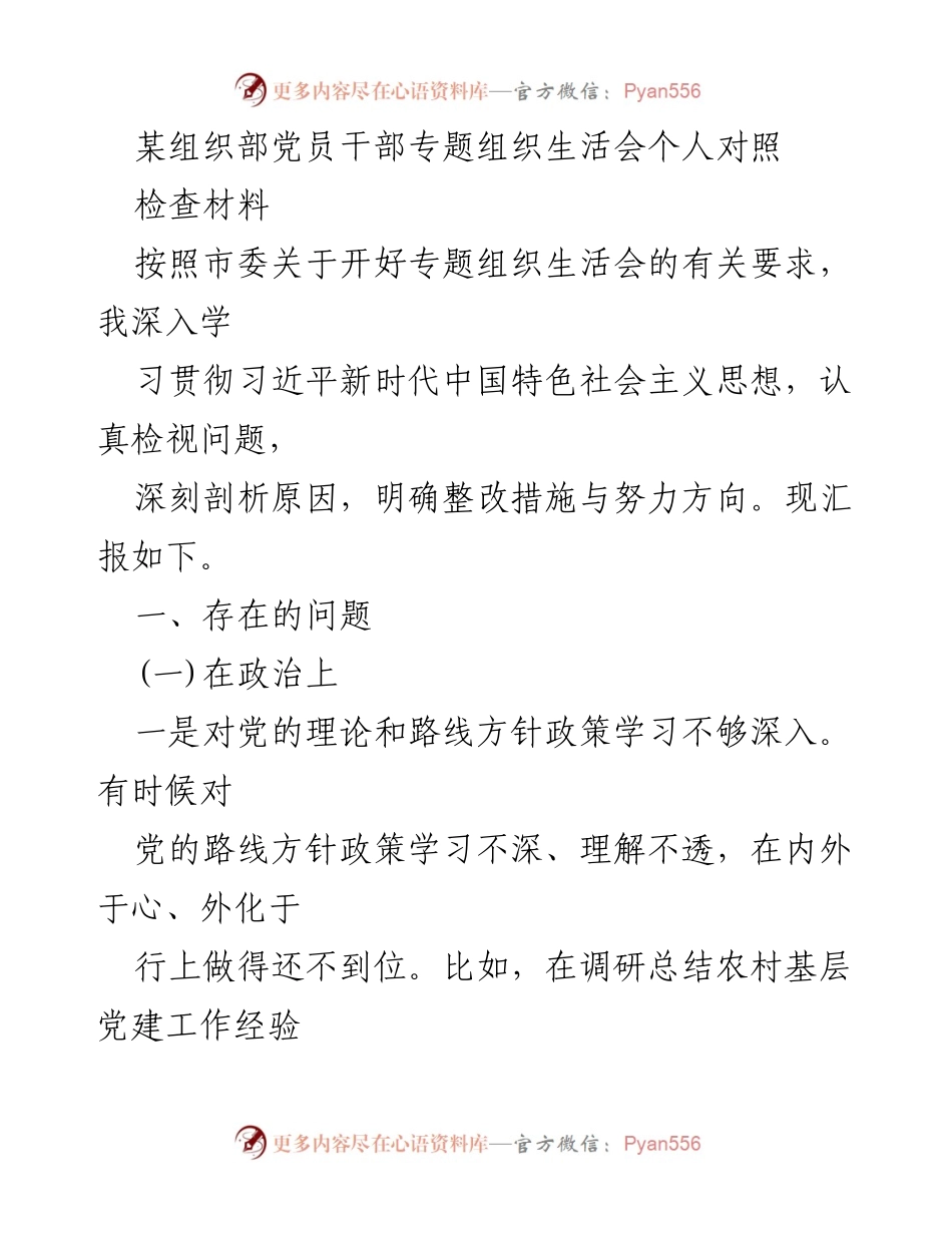 [对照检查材料] 党员干部专题组织生活会 - 党员干部自我检视与整改措施报告.docx_第1页