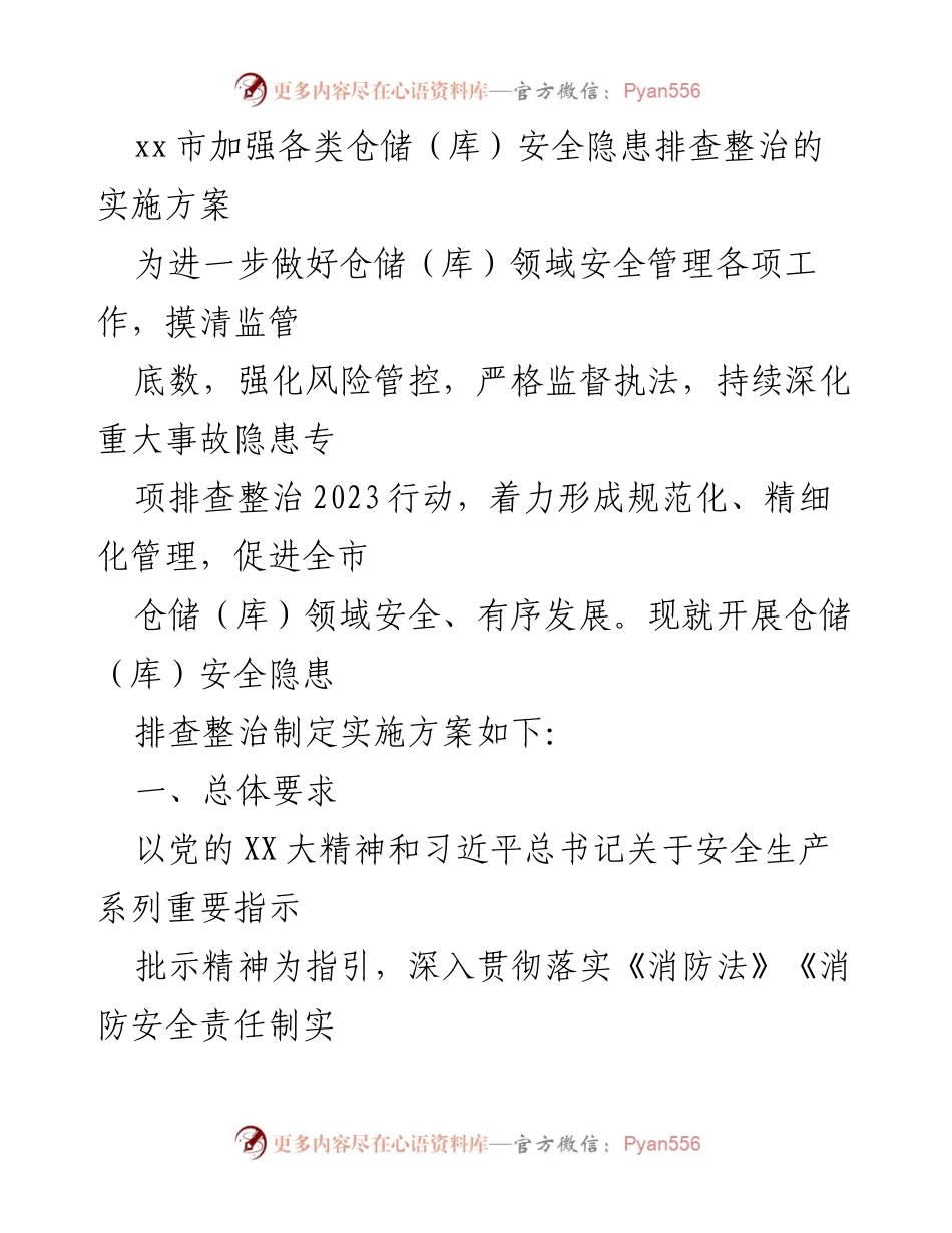 [实施方案] 安全管理 - xx市仓储（库）安全隐患排查整治实施方案.docx_第1页