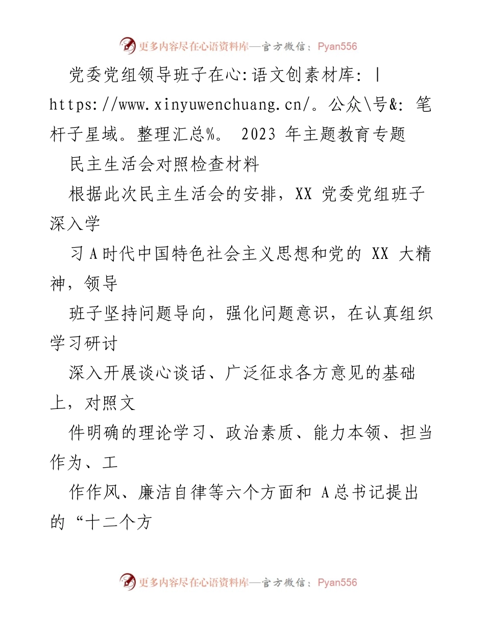 [对照检查报告] 党委民主生活会 - 2023年主题教育专题民主生活会对照检查报告.docx_第1页
