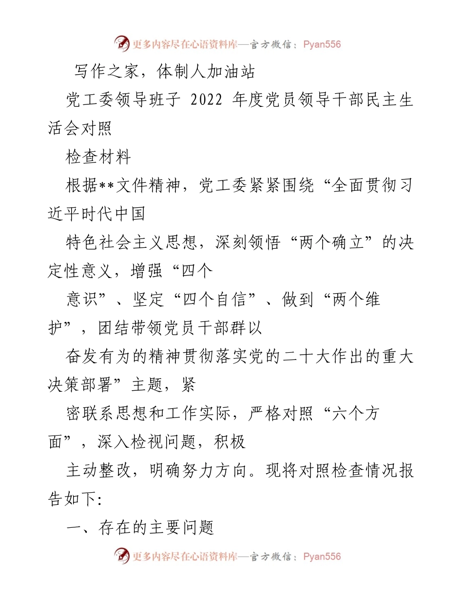 [对照检查材料] 党员领导干部民主生活会 - 2022年度党员领导干部民主生活会对照检查材料总结.docx_第1页