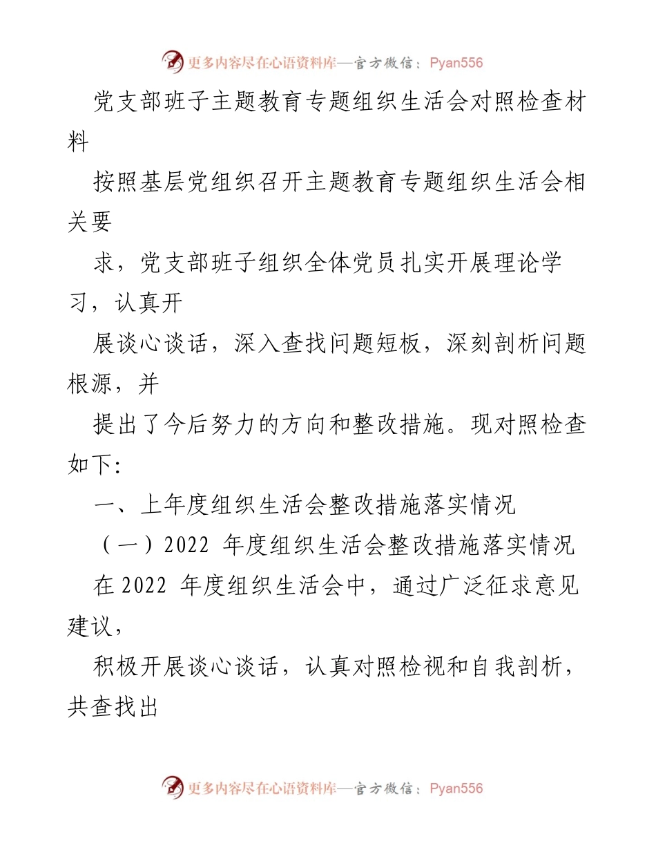 [对照检查材料] 党支部主题教育组织生活会 - 党支部班子对照检查与整改措施总结.docx_第1页