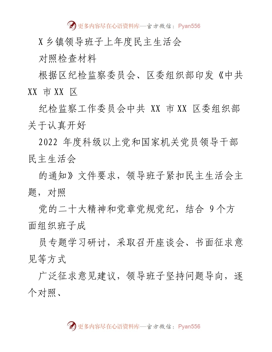 [对照检查材料] 乡镇领导班子民主生活会 - 领导班子对照检查问题及整改措施总结.docx_第1页