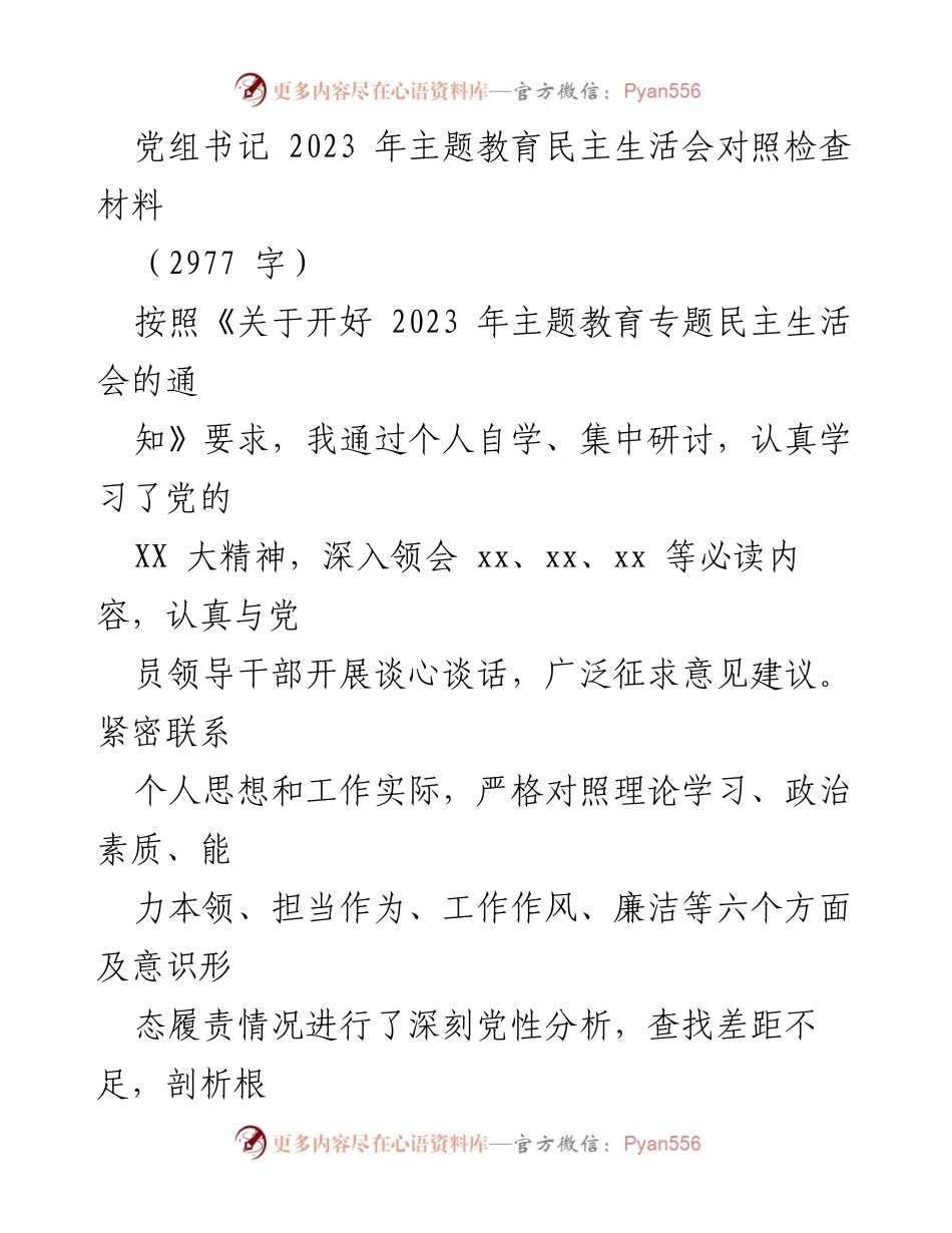 [对照检查材料] 主题教育民主生活会 - 党组书记2023年主题教育对照检查总结.docx_第1页