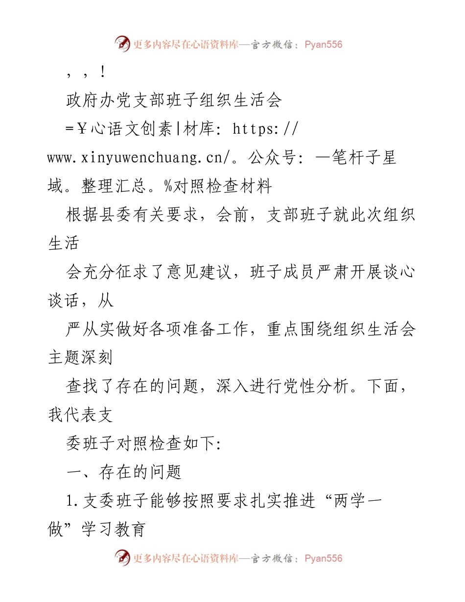 [对照检查材料] 政府办党支部班子组织生活会存在问题分析.docx_第1页
